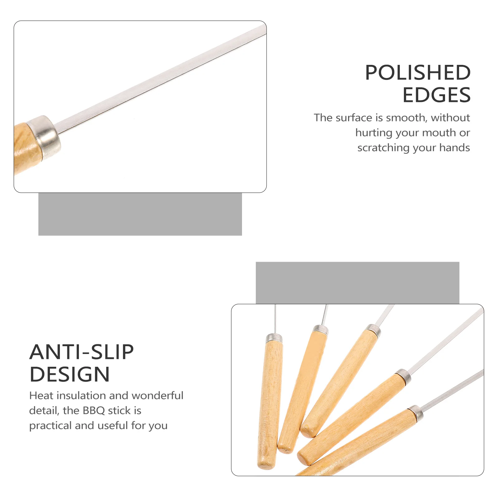 

20pcs BBQ Sticks Wood Handle Stainless Steel Skewers Grilling Kabobs Tools AntiSlip HeatInsulation Kitchen Barbecue