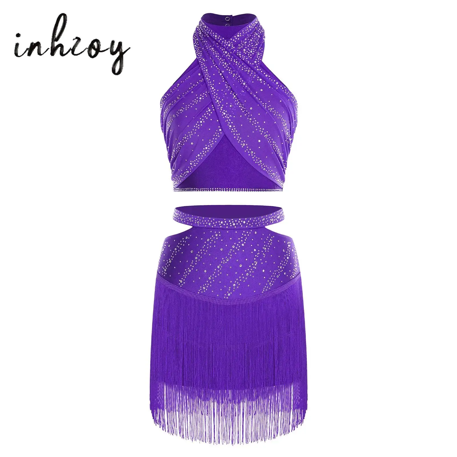 

Women Jazz Latin Dance Costume Halter Sleeveless Shiny Rhinestones Front Cross Ruched Mesh Overlay Crop Top with Tassels Skirt