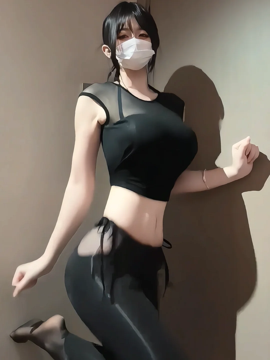 Sexy Retro Splice Vest Top Black round Neck Mesh Yoga Pants Two Piece Set Summer Pure Desire Fashion Women's Clothing Set