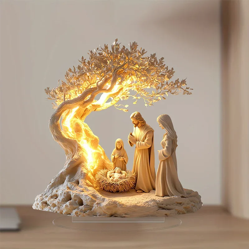 !!2025 Desktop Decor Family Statue Jesus Tree Of Life Newborn Acrylic Flat Plate Desktop Decoration Ornaments For Home Decor