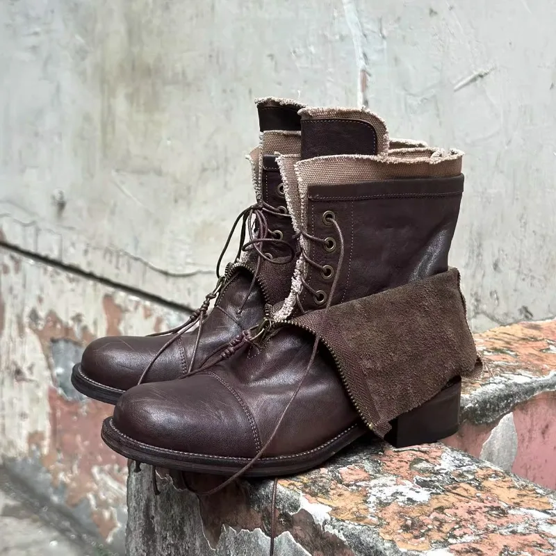 

Vintage Cowhide Handmade Nomad Style Outdoor Riding Boots Women's Shoes Genuine Leather Comfortable Mid-Calf Chelsea Boots