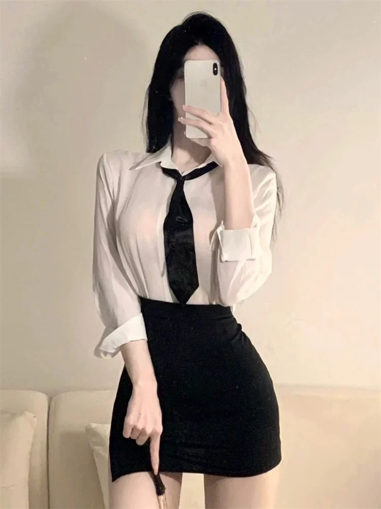 Büro Dame Rollenspiel sexy Dessous Sekretärin erotische Uniform Lehrer Cosplay Kostüm offener BH durch Hemd Mini Bleistift rock sehen