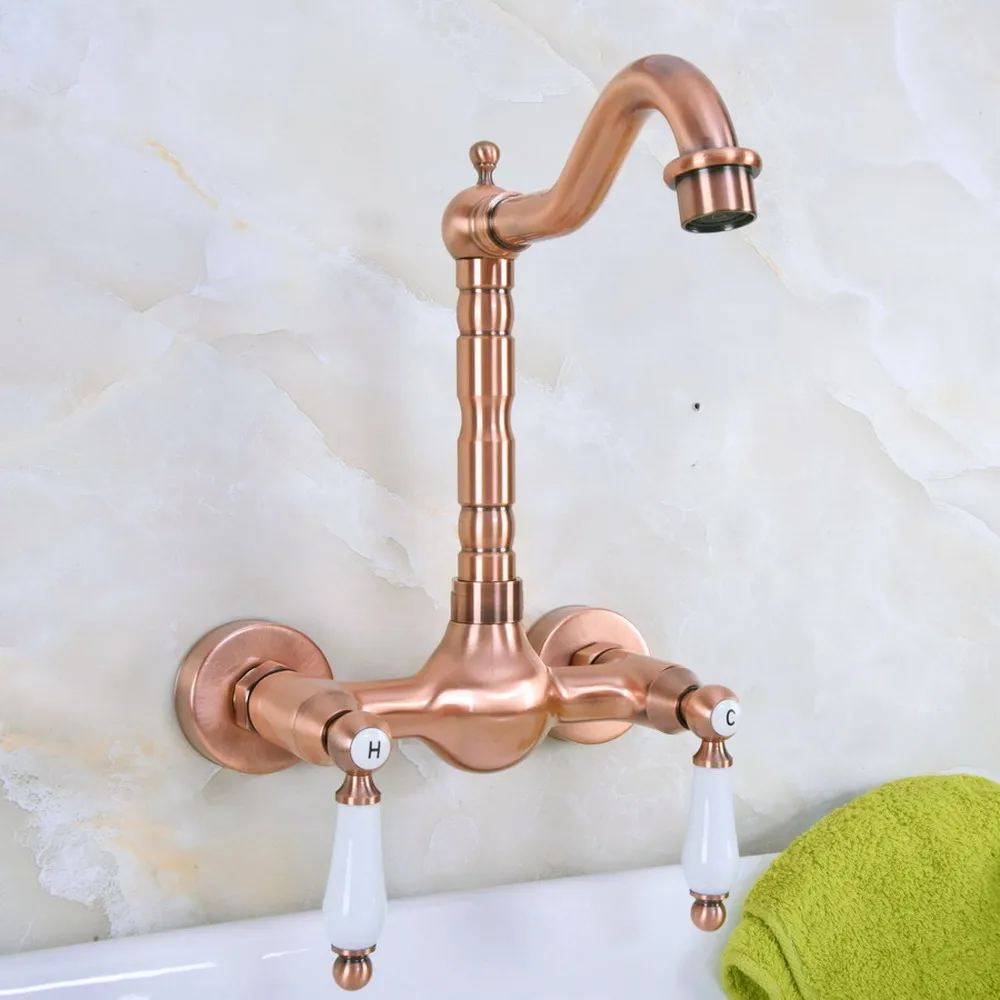 

Wall Mounted Dual Ceramic Handles Bathroom Kitchen Sink Basin Faucet Antique Red Copper Swivel Spout Mixer Tap tnf948