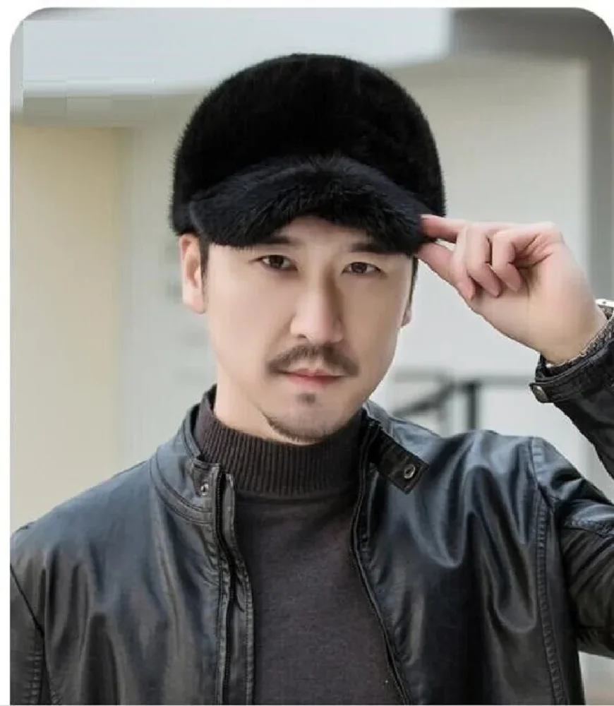 

Men's Real Mink Fur Hat Winter Warm Peaked Cap Headwear Brim Hat Hunting Travel Black