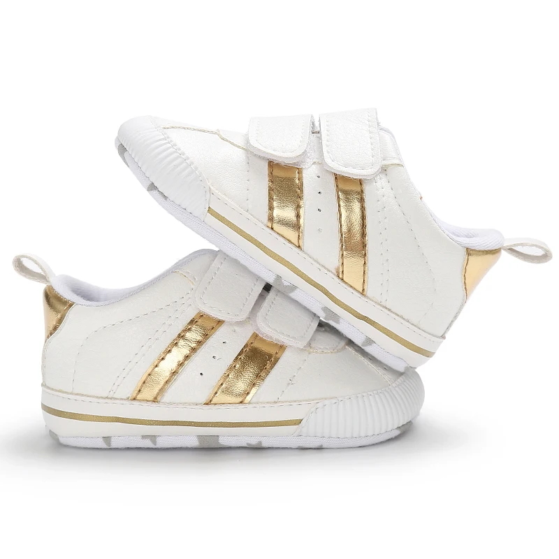 Erste Sportschuhe mit Streifenmuster aus PU-Material für Jungen und Mädchen, geeignet für Babys im Alter von 0 bis 18 Monaten, mit weicher Sohle, bequem und leicht. – Detail 27