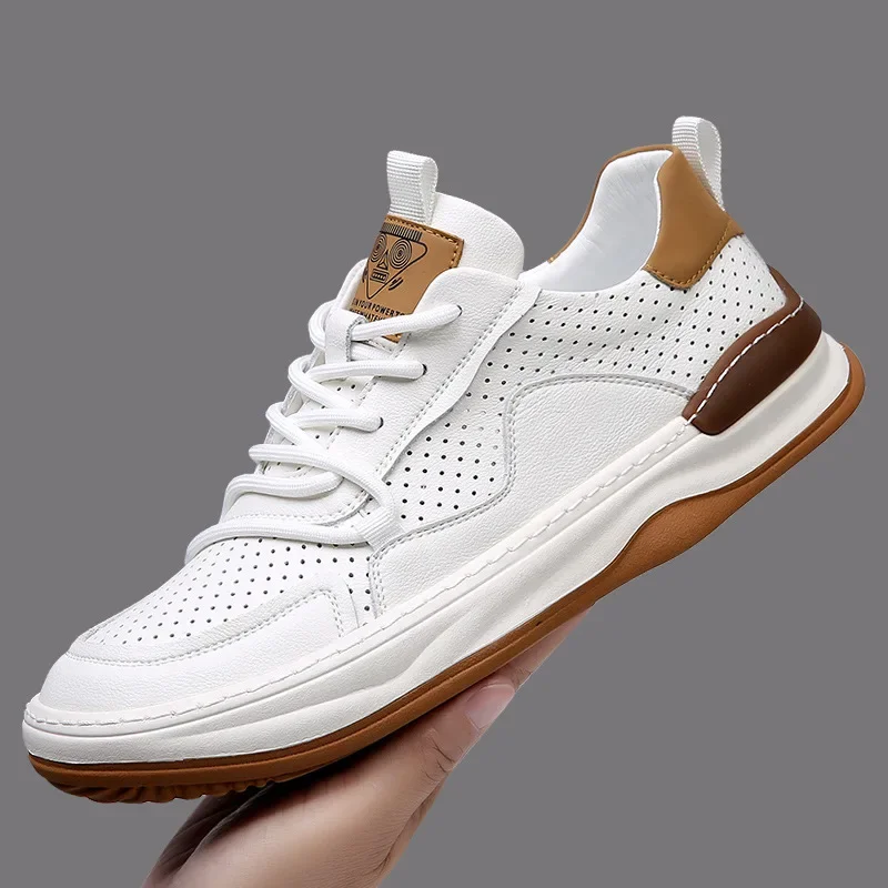 

Thick Soft Sole Jogging Sneaker Genuine Cow Leather Sandals Men Hollow Out Flat Shoes Youth Student Vulcanized Walking Trainers