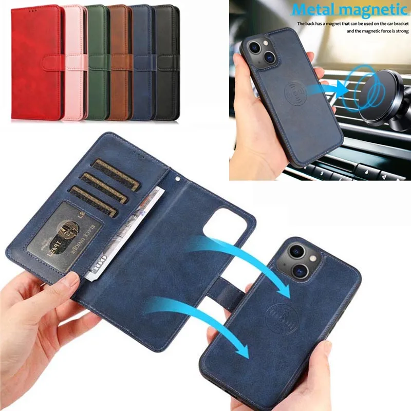 

2 in 1 Magnetic Flip Leather Wallet Case for iPhone 16 Pro Max 14 15 Plus 13 12 11 XR XS X SE 2022 8 Card Slot Detachable Cover