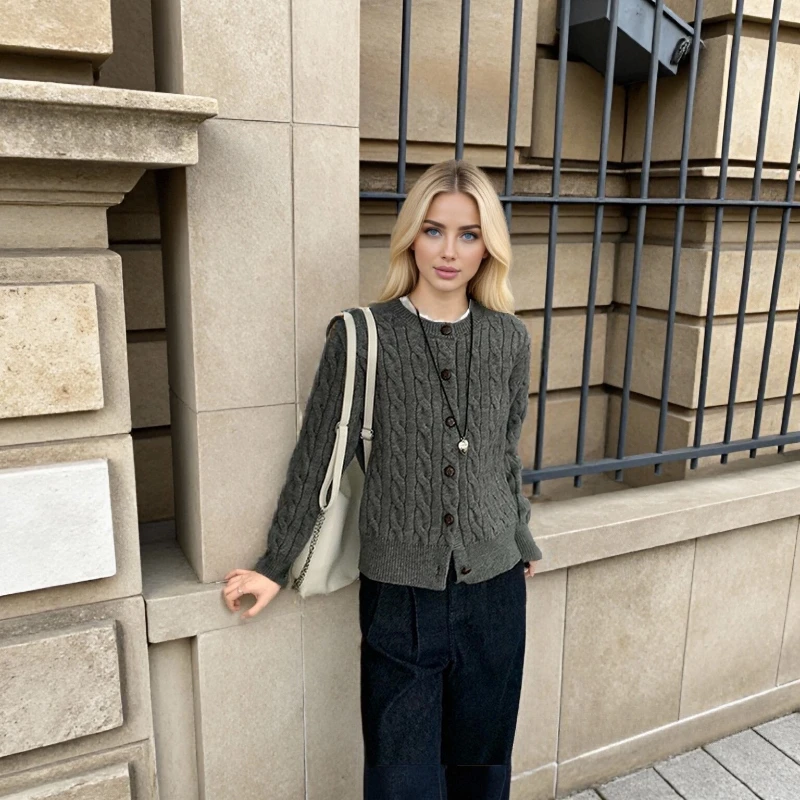 

Women's Autumn and Winter Fashion Elegant Solid Color Single-breasted O Neck Long Sleeve Slim-fit Knitwear Cardigan Sweater Top