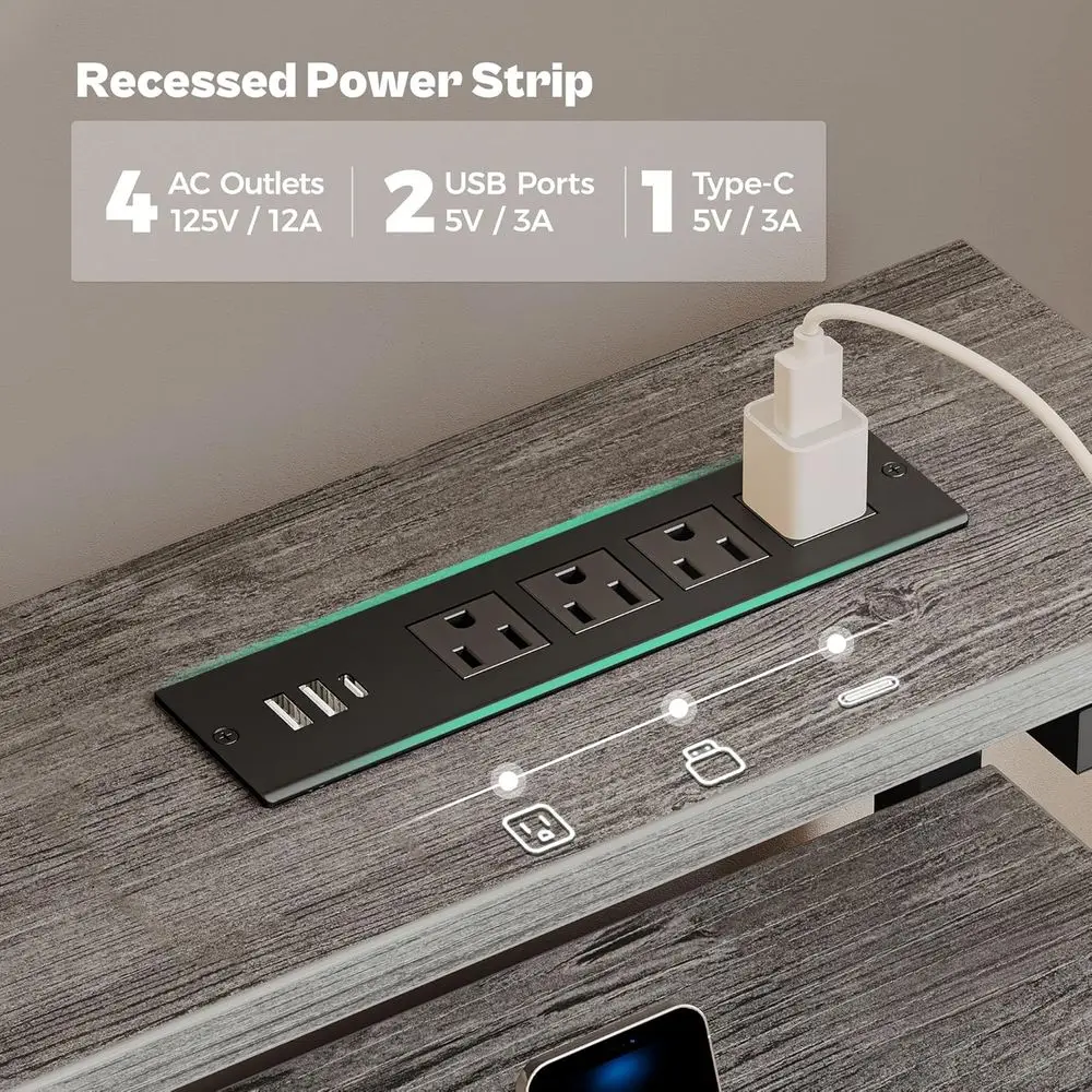 مكتب رمادي 39 مع 6 أدراج، LED وType-C، حامل شاشة، محطة عمل المكتب المنزلي