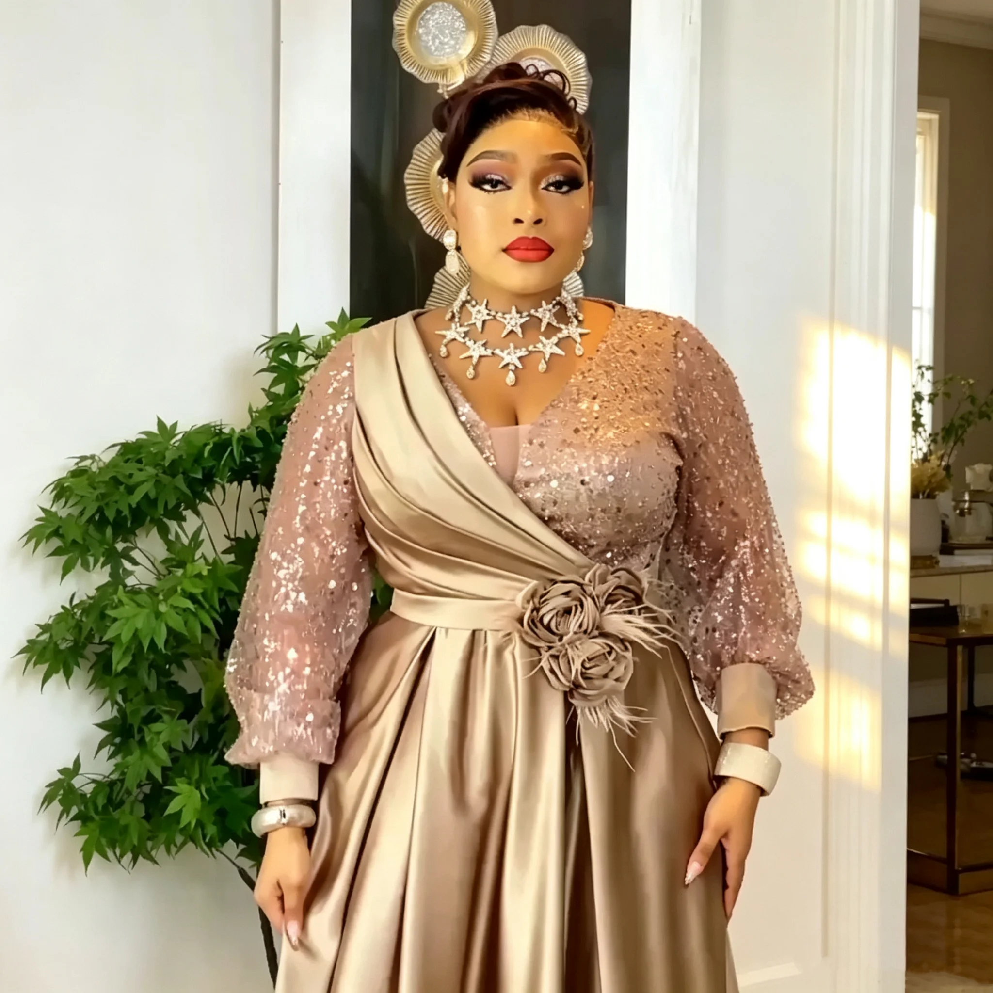 Elegant Champagne Evening Dress Long Sleeves Sequined Satin A Line Flowers Prom Gown African Women Party Dress Customized