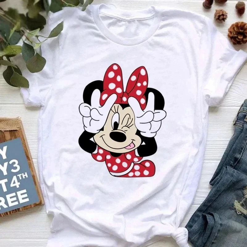 Summer Women's Disney Fun Pink Fairy Minnie Mouse T-Shirt Cotton Comfort Casual White Top Cartoon Disney Kawayi T-Shirt Top