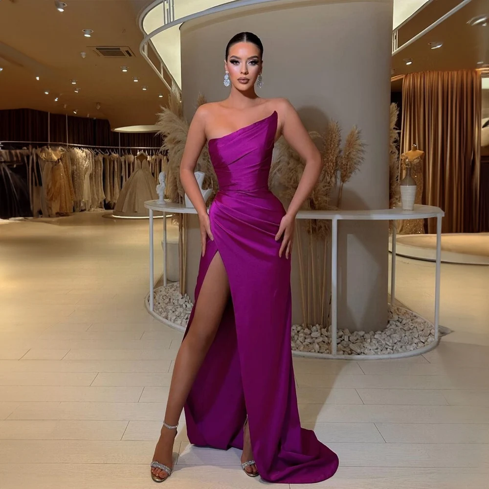 Purple Strapless Satin Solid Prom Dress for Women Sexy Side High Split Mermaid Court Prom Strapless Evening Gown robe de mariée