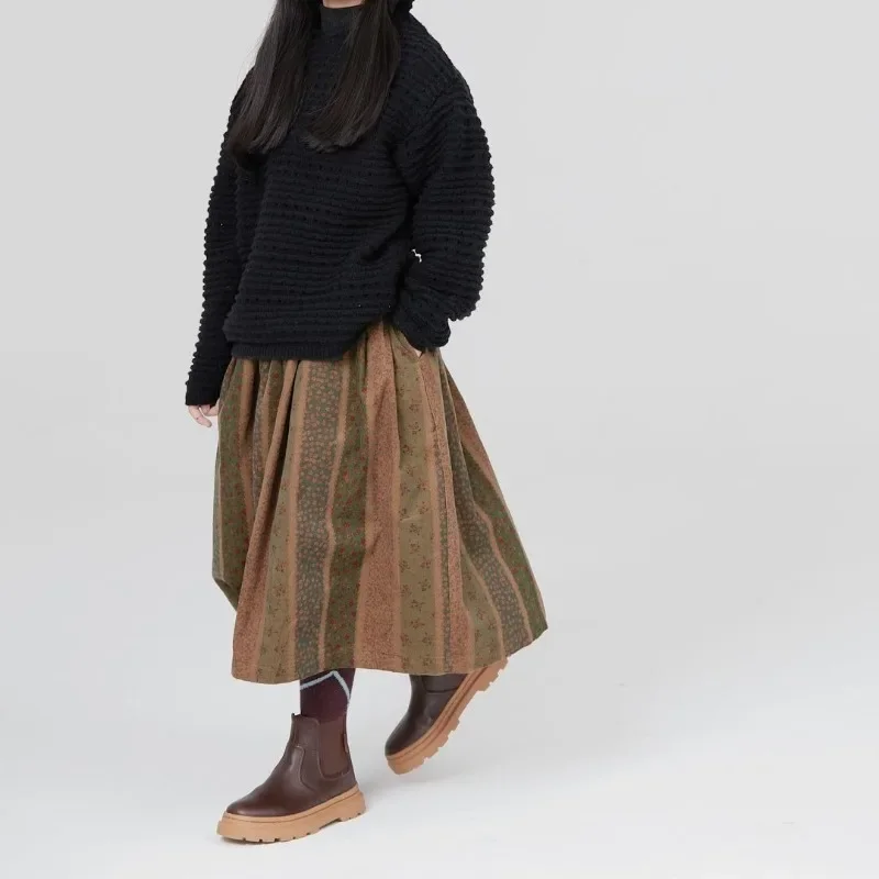 

Spring Summer Color Block Patchwork Lining Corduroy Elastic Waist Mid Length Skirt Vintage Bohemian Floral Print Skirt 2025