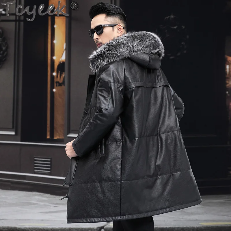 Tcyeek Genuine Leather Down Jacket Men Clothing Mid-length 100% Cowhide Mens Coats 2024 Winter Down Coat Warm Fox Fur Collar