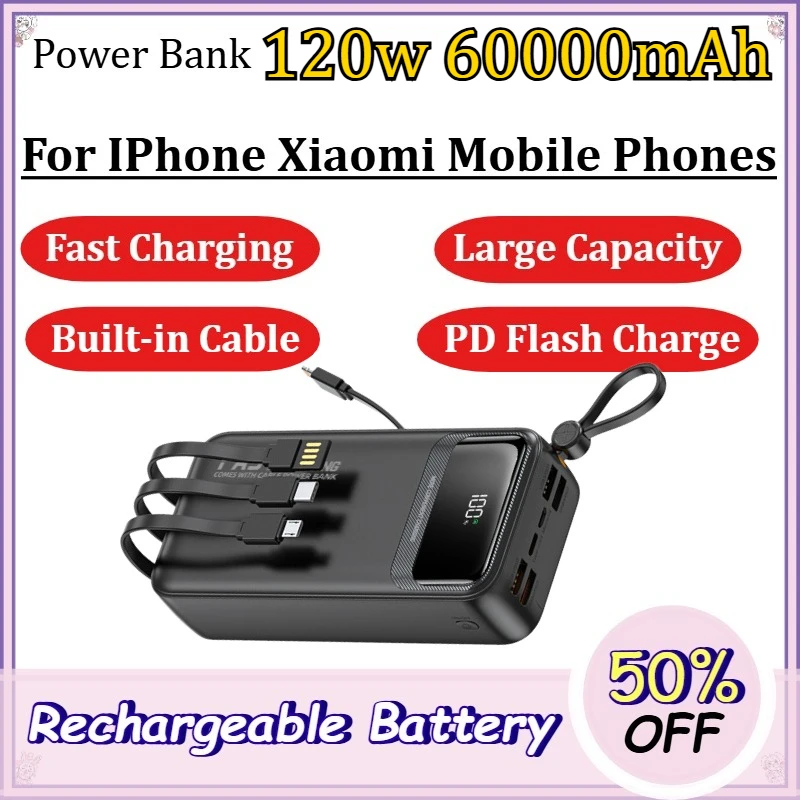 120w 60000mAh Power Bank for IPhone Xiaomi Mobile Phones Fast Charging Large Capacity Built-in Cable PD Flash Charge
