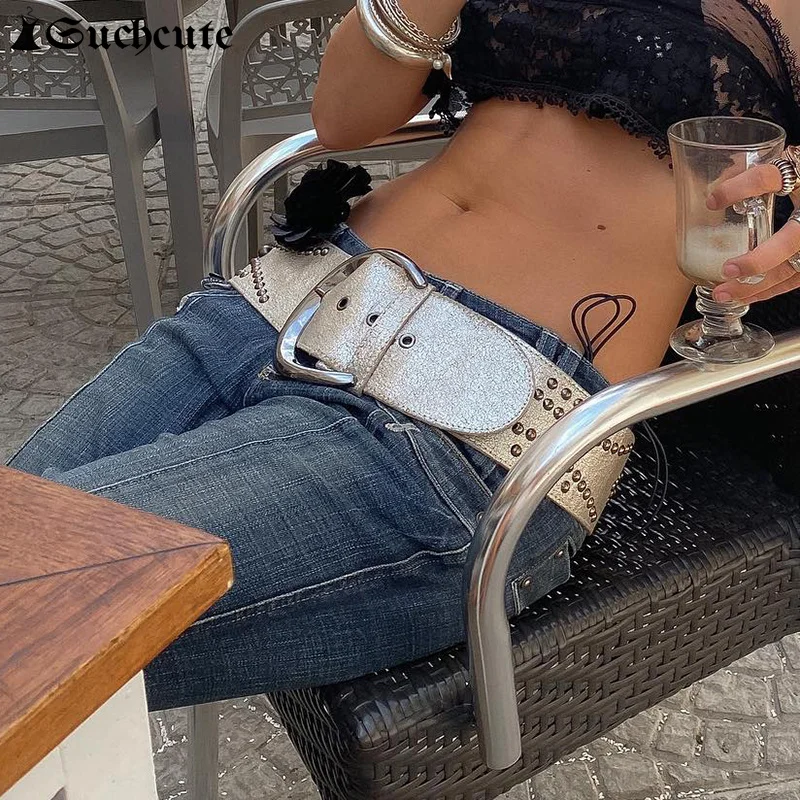 SUCHCUTE Rivet Goth Punk Silver Leather Belts for Women Pin Buckle Streetwear Y2K Style Accessories Wide Jeans Belt Waistband