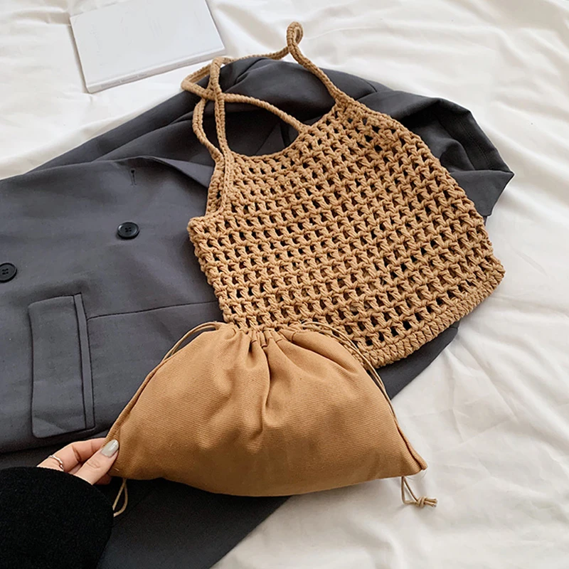 Summer Fashion Knitted Shoulder Bags Hollow Out Weaving Tote Bag Large Capacity Beach Handbags Bohemian Hand-Woven Underarm Bags