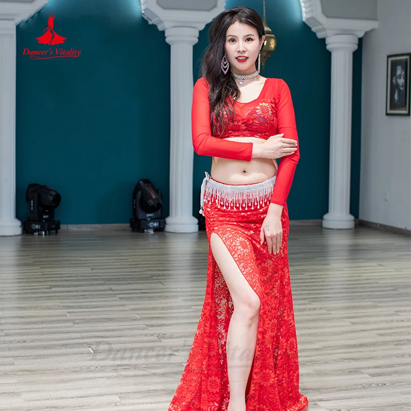 Belly Dance Costume Women Gauze Long Sleeves Top+Lace Skirt 2pcs Oriental High End Training Clothing Female Bellydance Outfit