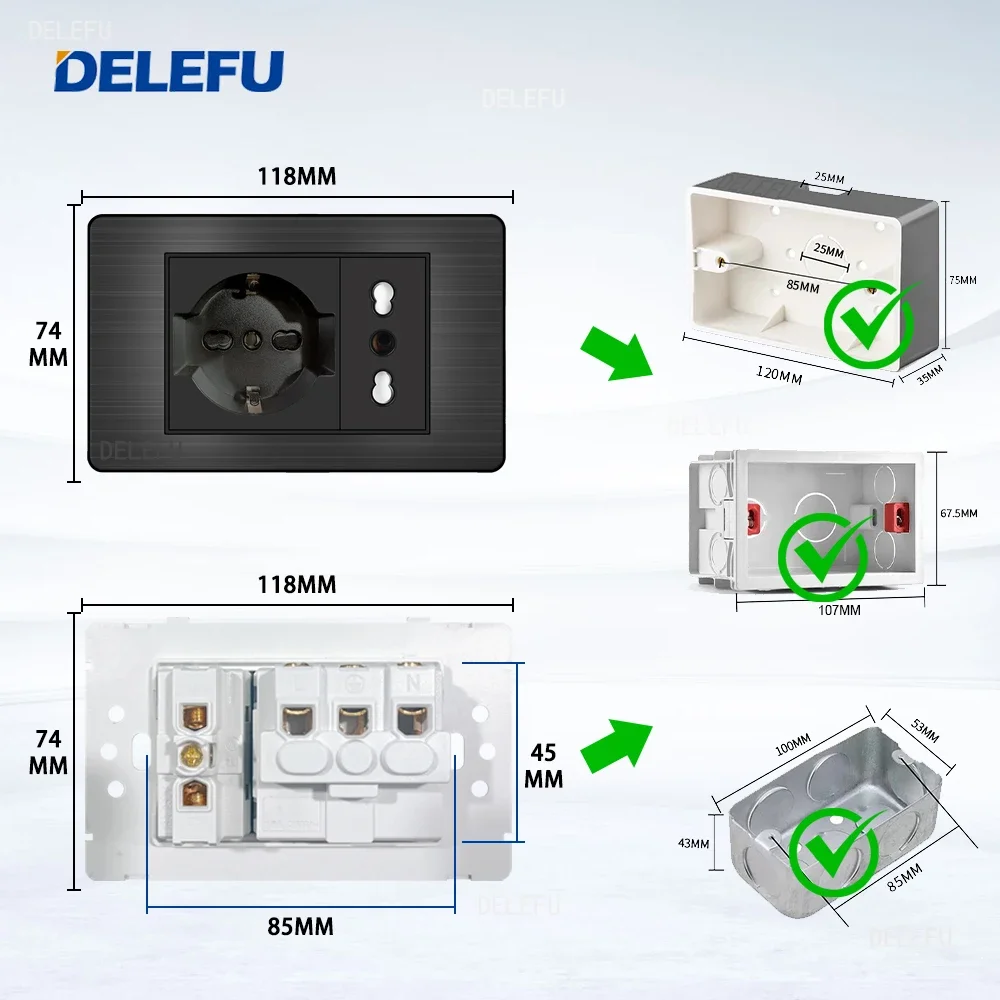 DELEFU- Italian standard switch socket Stainless steel Black panel series Computer USB Type C wall power socket