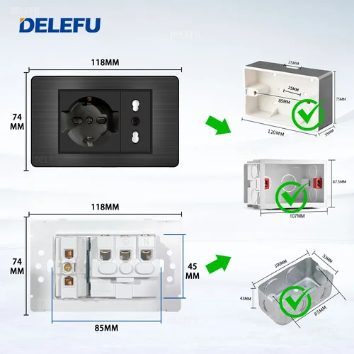 Imagen 2 del producto DELEFU acero inoxidable negro Italia Chile USB TypeC enchufe de carga rápida Schuko Tuya Wifi interruptor inteligente Sat TV Tel timbre cortina