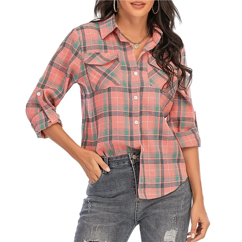 

ABRT-Womens Plaid Flannel Shirts Casual Roll Up Long Sleeve Boyfriend Button Down Checkered Shirt