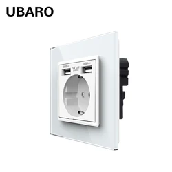 UBARO EU Standard Single Wall Socket With USB Home Outlet Electrical Plug Crystal Tempered Glass Panel 110-250V Home Appliance