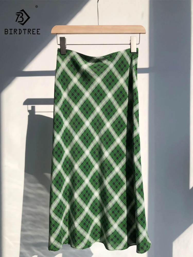 

BirdTree-Women 17MM 100% Silk Elegant Skirt, Elastic Waist Plaid, Romantic French Vintage Party Skirt, 2025 Summer New B57357CC