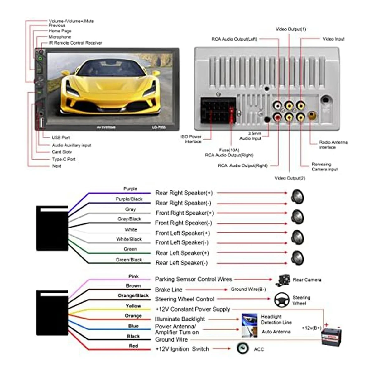 Samochodowy sprzęt audio z podwójnym DIN, 7-calowy samochodowy sprzęt audio, ekran dotykowy z kamerą cofania, Carplay