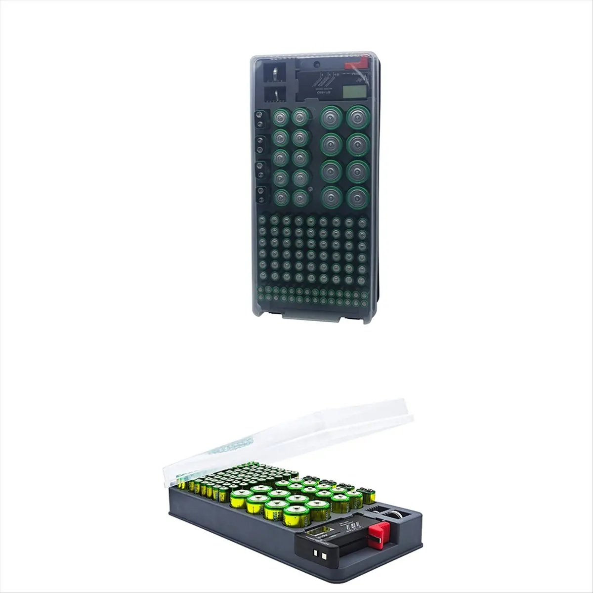 A48U Battery Storage Box Organizer Holder with Digital Display and Tester for Battery Level Check for AAA AA C D 9V