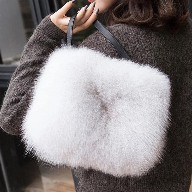 Luxury Fox Fur Women\'s Square Shoulder Bag Winter Fluffy Women\'s Crossbody Bag Soft Fur Plush Women\'s Handbag Wallet