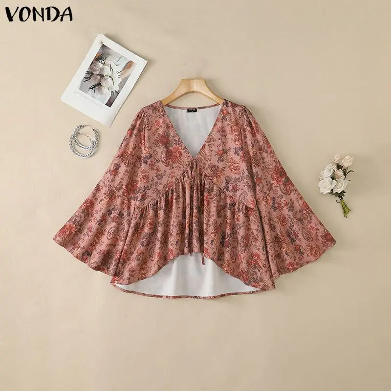 Fashion Ladies VONDA Women Blouse Flare Long Sleeve V Neck Ruffle Tunic Top Vintage Floral Print Blusas Streetwear Oversize