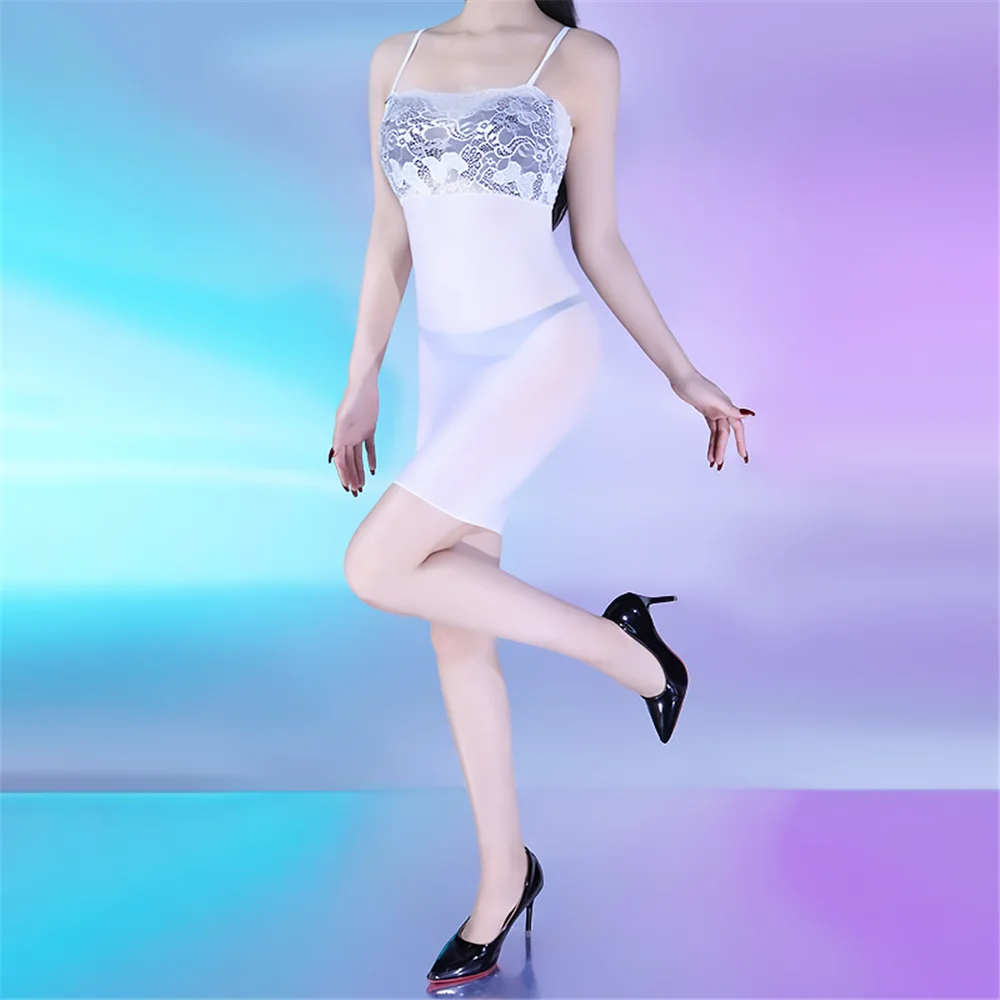 Seksowna Koronkowa Sukienka Mini Micro 8D Elastyczna Obcisła Sukienka w Paski Olejowo Błyszcząca Prześwitująca Przezroczysta Sukienka Cosplay Maid Śliczna