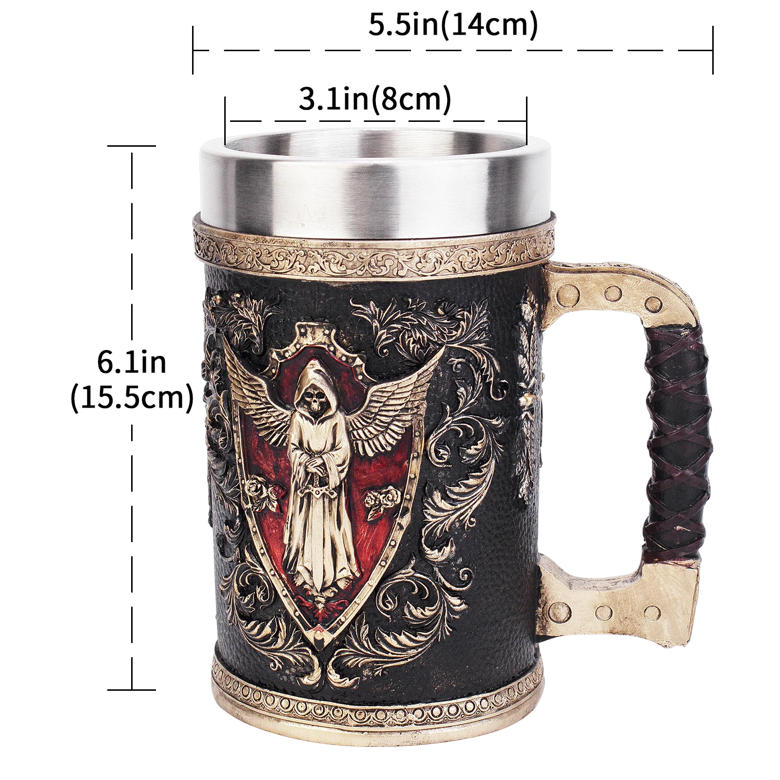 Wing Sword Shield Skull Cup Stainless Steel 3D Grim Reaper Mugs for Retro Beer Coffee Mug Halloween Gift Men (20oz/600ml)