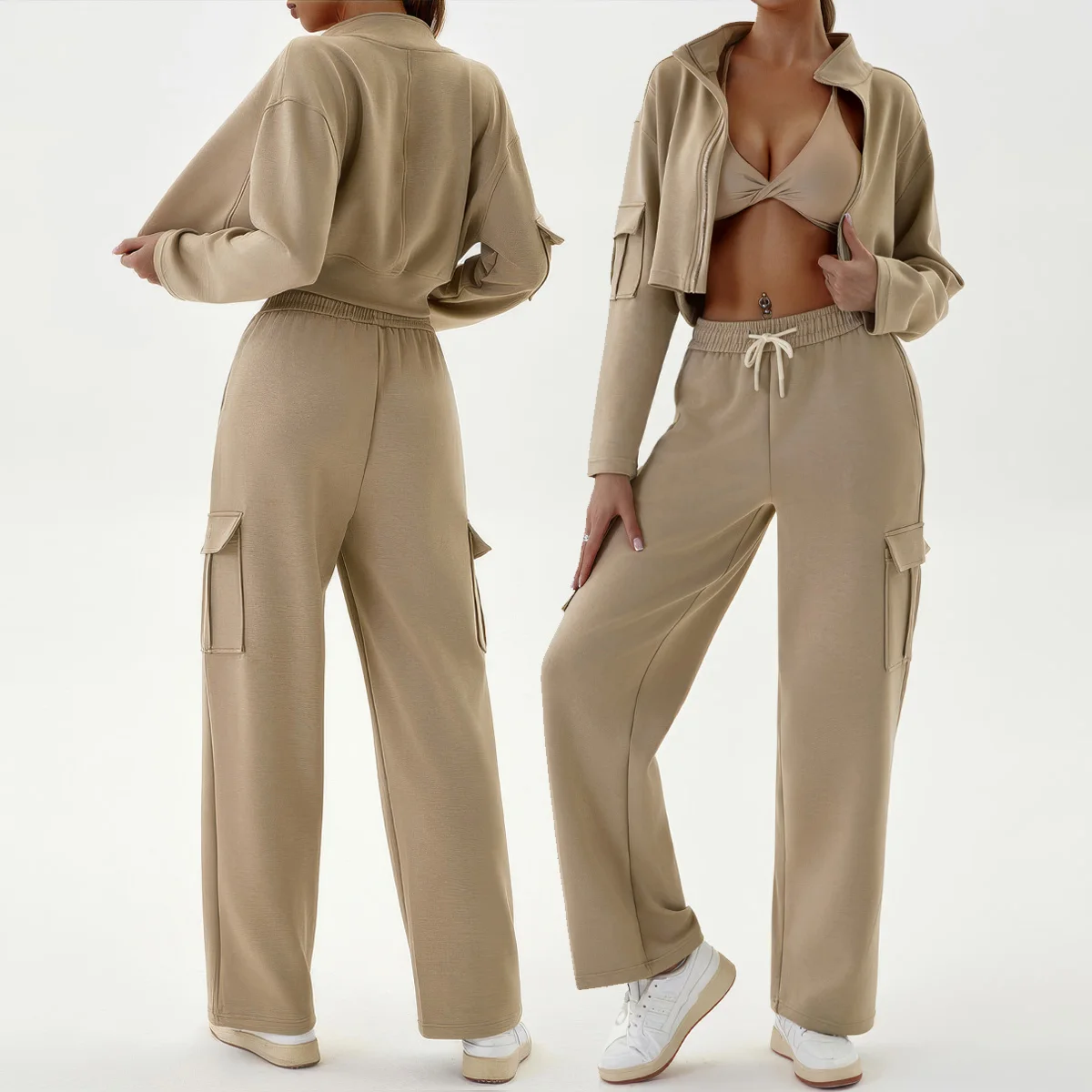 

Осень/зима, новый женский комплект для йоги, 3-х предметный спортивный костюм для спортзала, пальто с капюшоном на молнии и длинными рукавами, спортивный бюстгальтер, спортивные штаны, костюм для фитнеса и тренировок