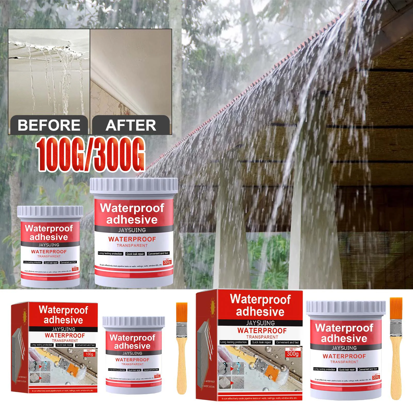 Transparent Waterproof Sealant Wall Leak Repair Sealer Multi Surface Application with Brush for Home Waterproof Coating