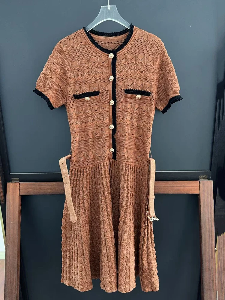 Color-Blocked Trim Short-Sleeve Crew-Neck Knit Dress — Elegant, Slim-Fit, and Stretchy Women's Tie-Waist Dress (New for  2026)