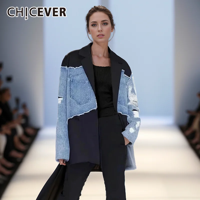 CHICEVER patchworkowe płaszcze dżinsowe dla kobiet z klapami z długim rękawem łączona kieszeń z dziurami drążą Colorblock luźny płaszcz ubrania