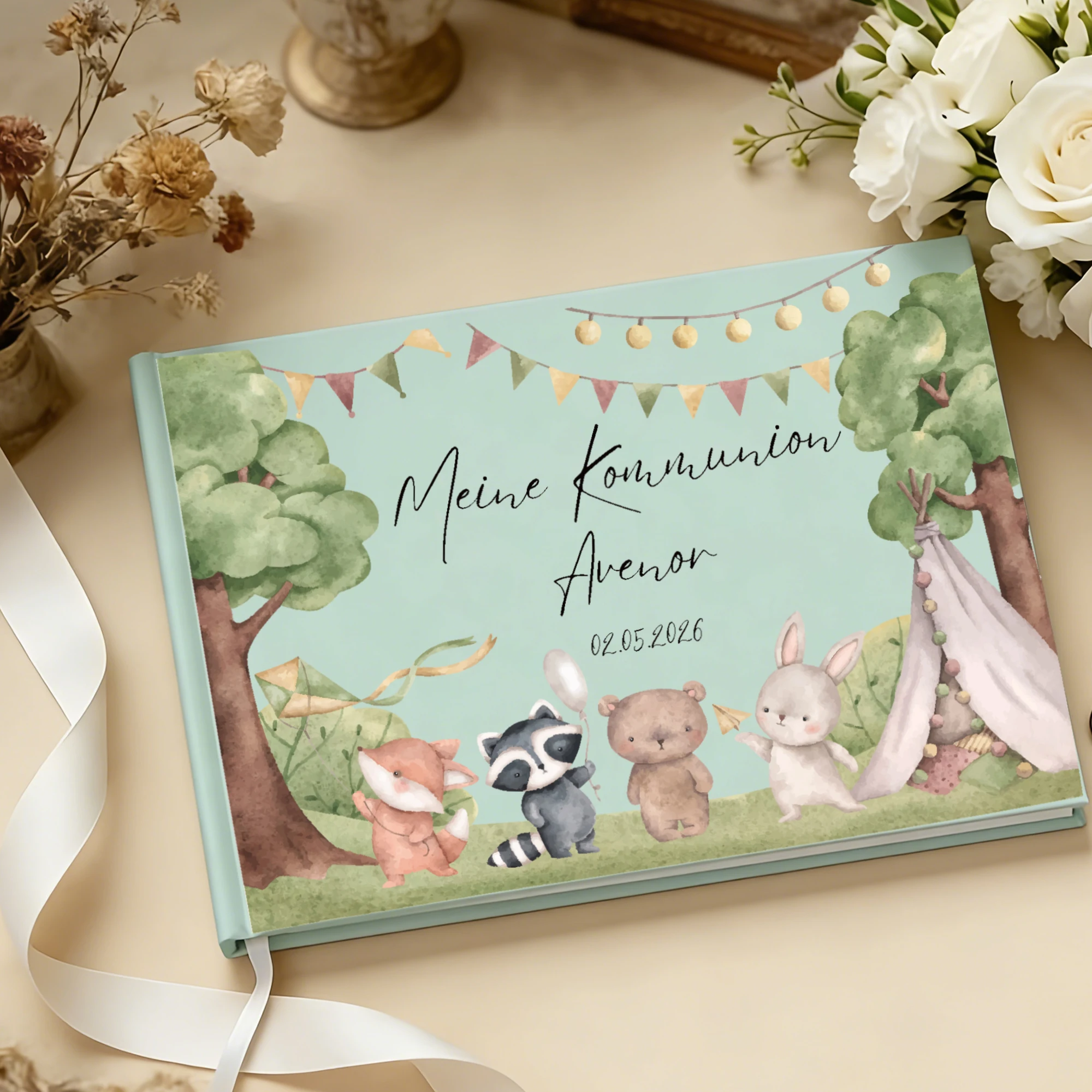 Personalized Guest Book with Ribbon,Custom Scrapbook and Sign In Book,Rustic Memory Baptism Guest Signature,Album Birthday Party