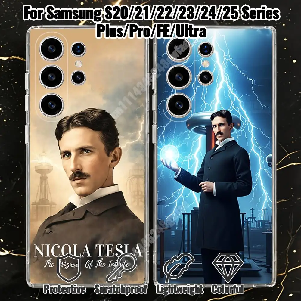 Nikola Tesla Lightning Tower Scientist Phone Case for Samsung Galaxy S20 21 Ultra Plus S22 23 FE Lite S24 25 Transparent Cover