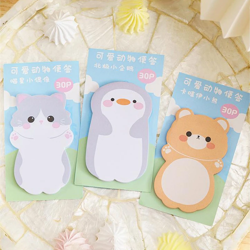 Especial-Shaped Animais Memo Pad, Sticky Notes, Caderno bonito, Papelaria Kawaii Cartoon, Material Escolar, Tendência Adorável, 30pcs