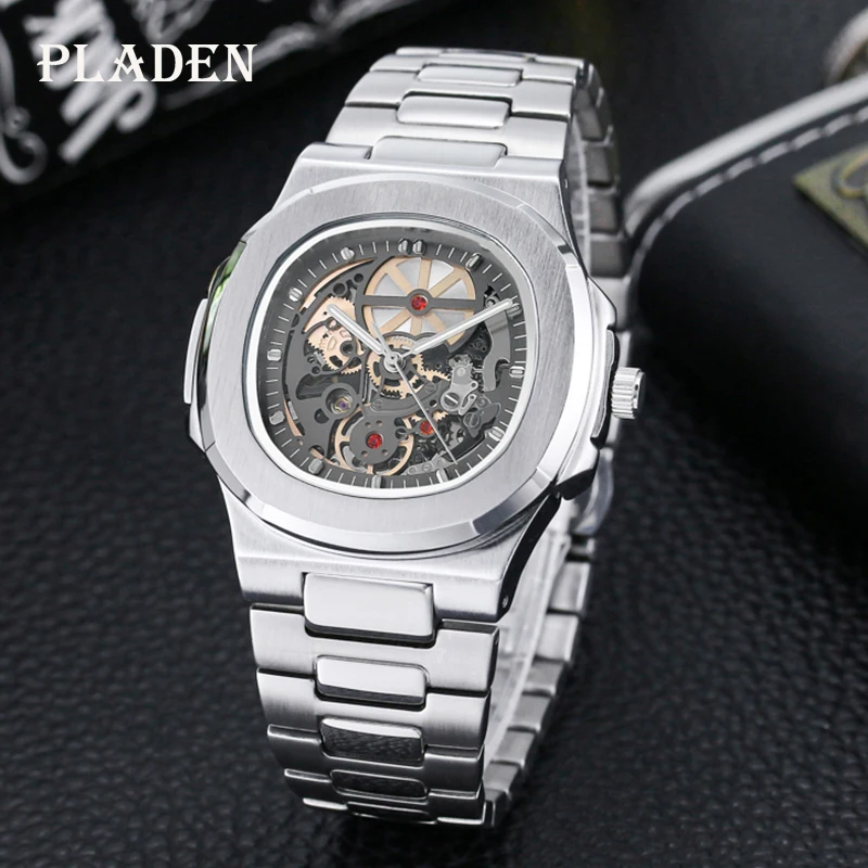 PLADEN New Mechanical Watch For Men Luxury Stianless Steel Male Watches Brand Business Dive Hollow Automatic Clock Dropshipping