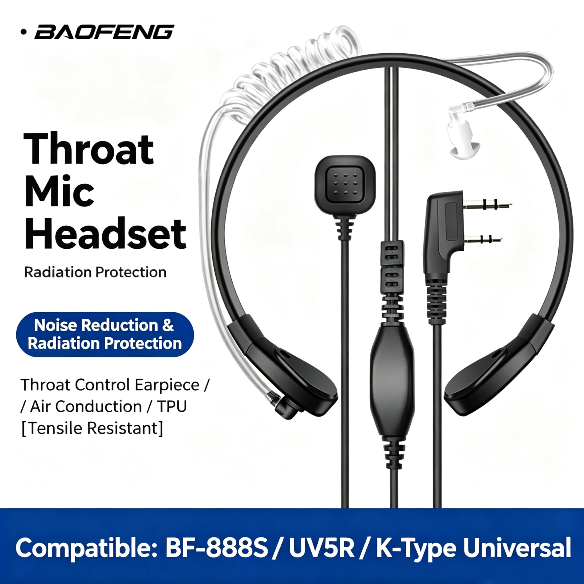 Baofeng Walkie-Talkie Headset, K-Type Neck and Throat Control Earbuds, Finger Button Two-Way Wireless Radio Headset, CS Tactical