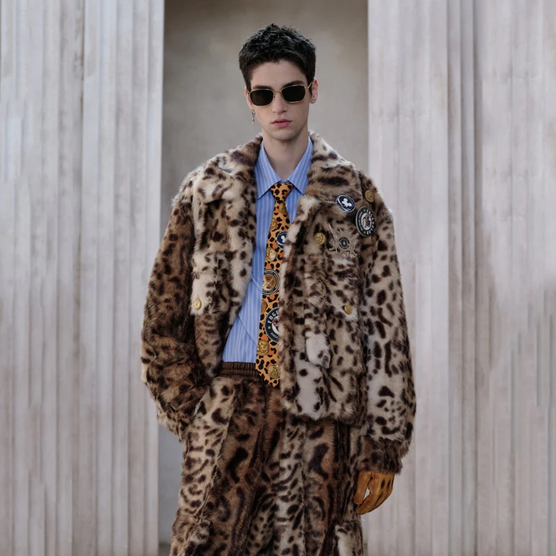 HKSH Autumn Winter New Men Original Design Leopard Print Faux Fur Thickened Fleece Coat Trend Casual Elastic Waist Pants HK16540