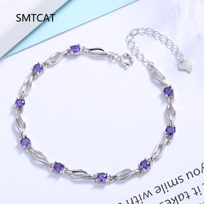 

Round Natural Amethyst 925 Sterling Silver Wave Bracelet for Women Four Claw Purple Gemstone Statement Jewelry Pulseira De Prata