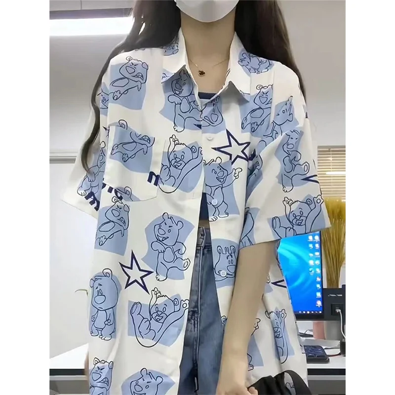 

Shirts Women Blouse Bear Single Breasted Simple Loose Streetwear Japanese Style Trendy Popular Harajuku Female Top Ins