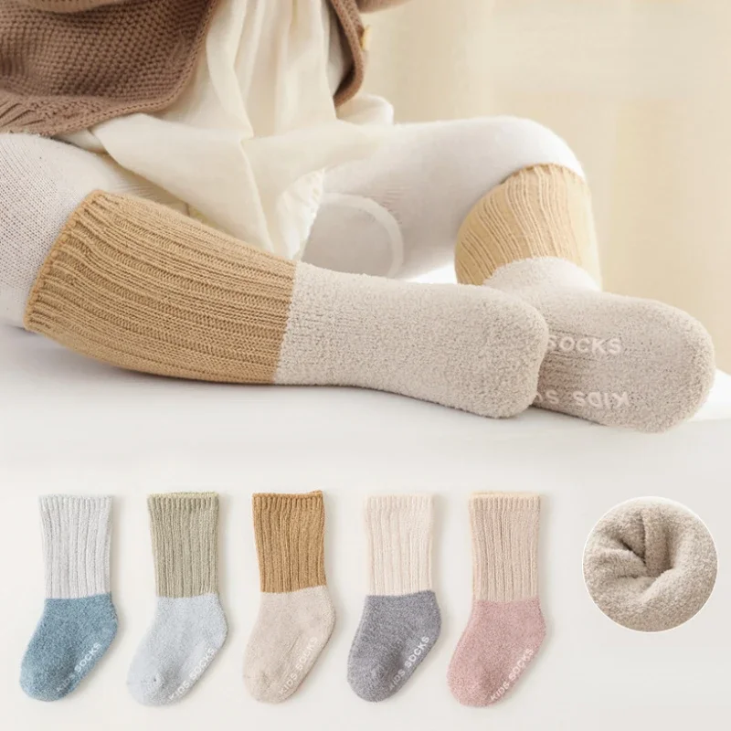 Winter Baby Girls Boys Coral Fleece Socks Macaron Color Stitching Plush Thickening Sock Silicone Bottom Non-slip Newborn Toddler