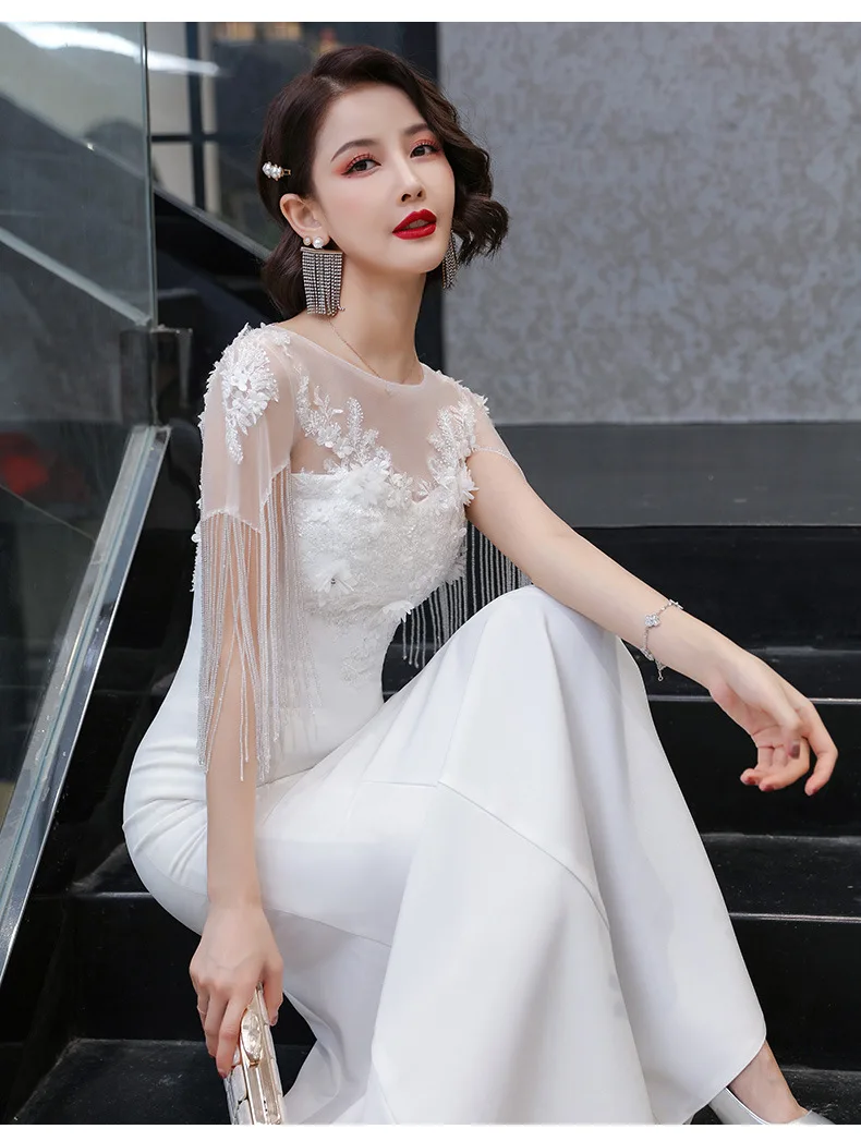 

Temperament Tassel Sleeve Qipao Long Grace Mermaid Dress Appliques Vestidos De Festa Women White Celebrity Banquet Dresses