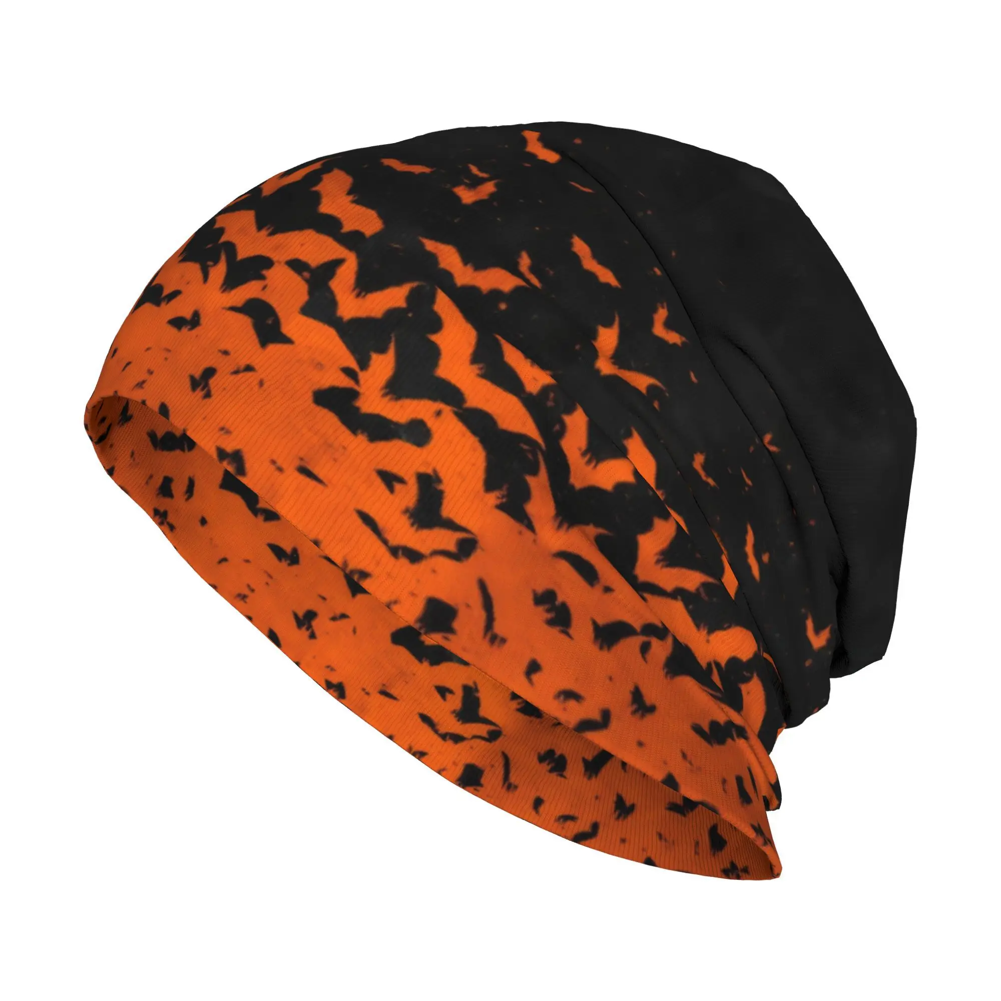 Customization Men's & Women's Bat Wing Beanie Hat - Gothic Black & Orange Bat Pattern Skull With Earmuffs-like Collar, Lightweig