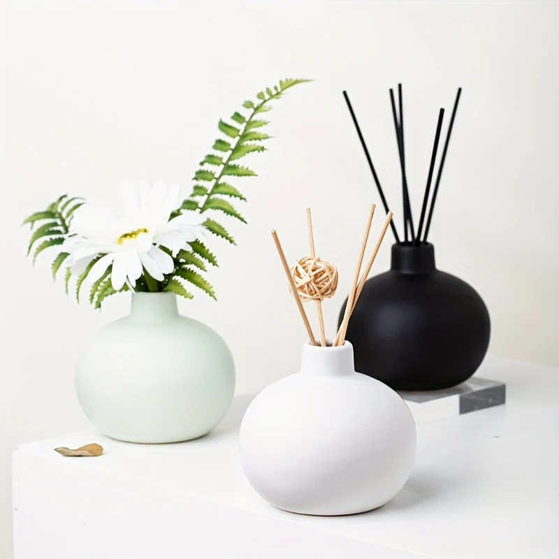 1pc Round Ceramic Vase Solid Color Hydroponics Vases Fragrance Reed Diffuser Bottle Nordic Style Desktop Ornament Home Decor