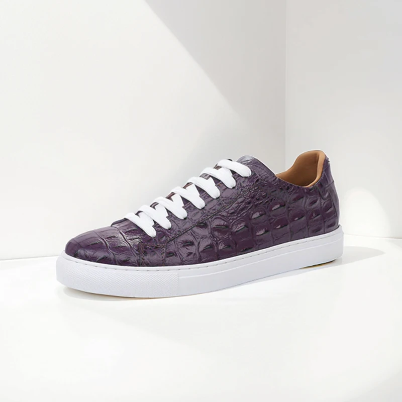 

Purple Crocodile Pattern Flats Men's Cow Leather Round Toe Lace-up Low-Top Casual Shoes Luxury Flat Business Sneakers Handmade